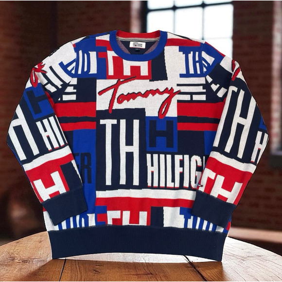 Tommy Hilfiger Sweater Mens Sz Large All Over Graffiti Print Y2K Streetwear - Picture 1 of 11